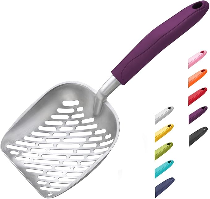 WePet Cat Litter Scoop, Aluminum Alloy Sifter, Kitty Metal Scooper, Deep Shovel with Diagonal Sifting Hole, Long Handle, Kitten Poop Lifter for Litter Box, Large Size, Violet Handle