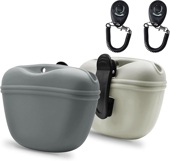 AUDWUD Silicone Dog Treat Pouch with Clicker Magnetic Closure Secure Clip | Upgraded clip keeps your treat pouch secure during training.Magnetic closure allows fast one hand access.Includes dog click