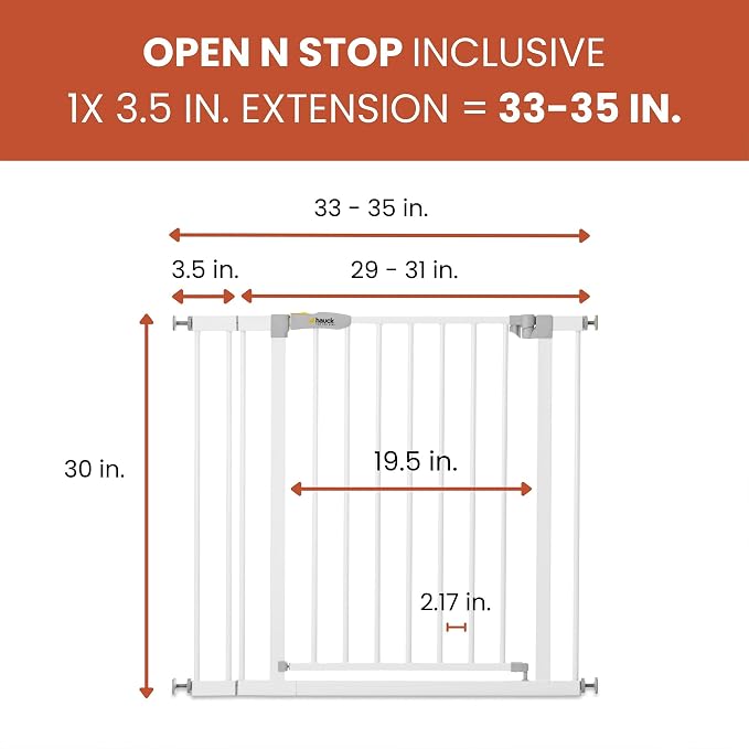 hauck Open N Stop Pressure Fit Baby & Pet Safety Gate w/ 3.5" Extension, Accommodates 33 to 35" Wide Home Doorway, Stairway, or Hallway, White