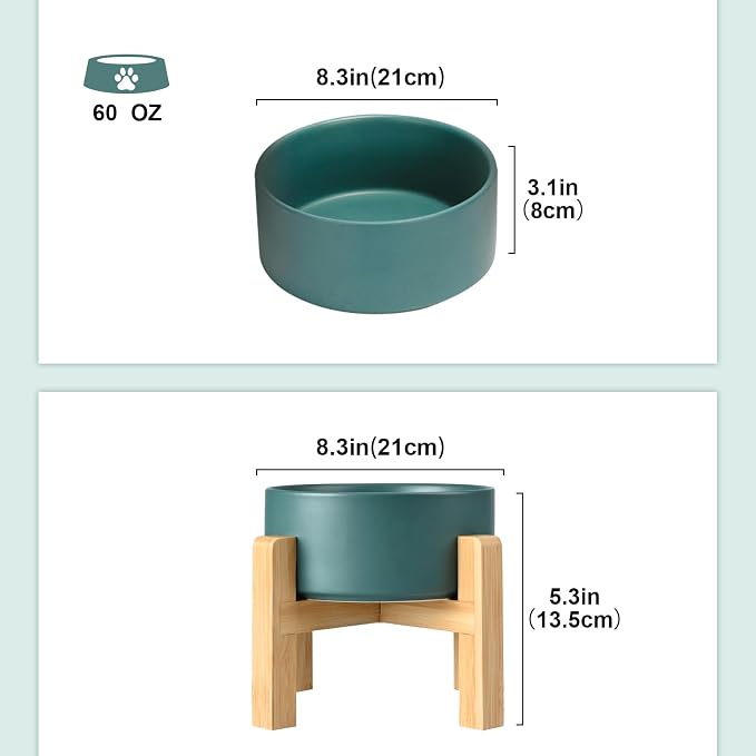 SPUNKYJUNKY Ceramic Elevated Dog Bowls 2 Pack - 8.3inch Raised Dog Bowls with Non-Slip Wooden Stand for Large Dogs Dishwasher Safe(Green,60OZ*2)