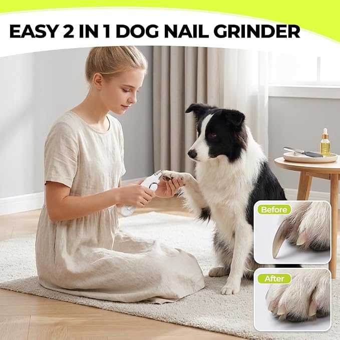 2 in 1 Dog Nail Clippers with Grinder and 2 LED Lights, Safety Lock & Catcher Cap Rechargeable Pet Nail Trimmer for Large Medium Small Dogs & Cats, Dog Nail grinder Quiet, Painless Grooming Tool