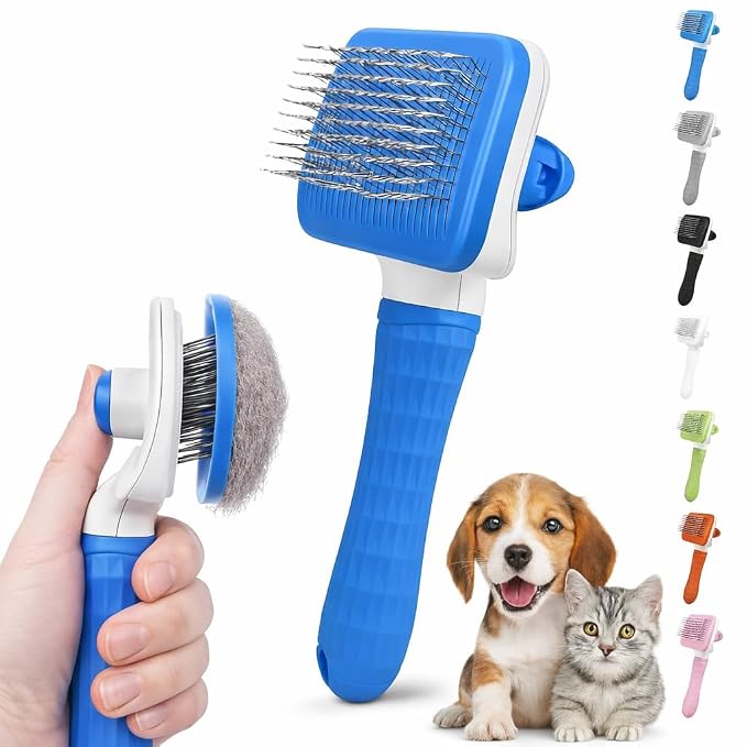 Generic Pet Grooming Brush, Blue - Self Cleaning Hair Brush for Dogs and Cats, Removes Loose Undercoat, Bristles with Massage Particles, Ergonomic Handle, For Long or Short Hair Breeds