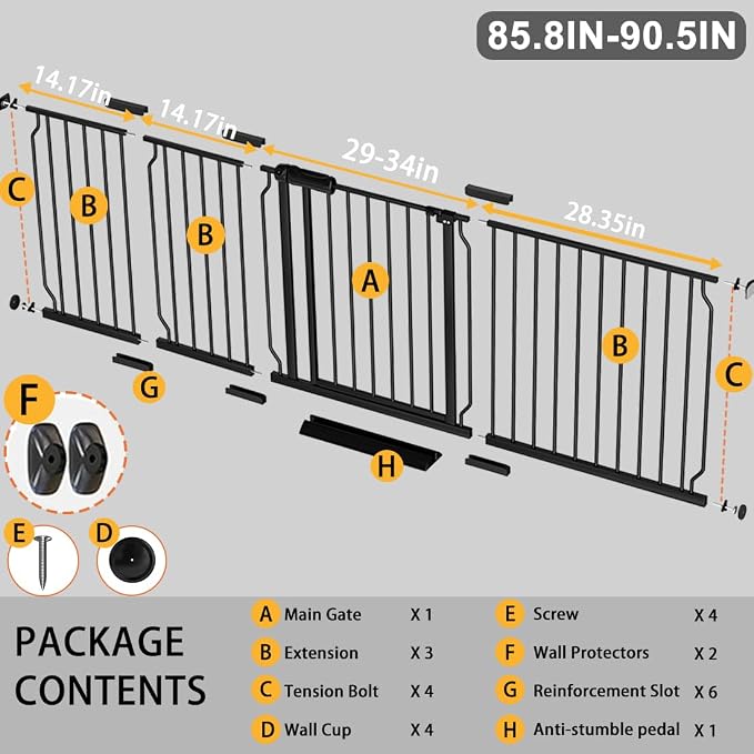 Fairy Baby Extra Wide Baby Gate 85.8-90.5 Inch Wide, Walk Through Pressure Mounted No Drill for Doorways, Long and Large Tension Gate for Pet and Kids