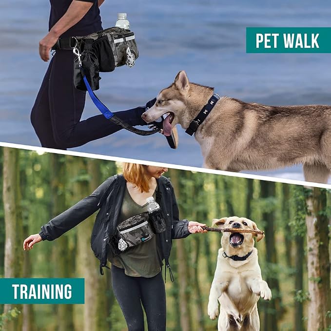 PetAmi Dog Fanny Pack, Treat Pouch for Dog Walking Training, Camo Black | Built in Poop Bag Dispenser, Water Bottle Holder, Collapsible Bowl, Pet Treat Waist Belt for Hiking Running Kibbles