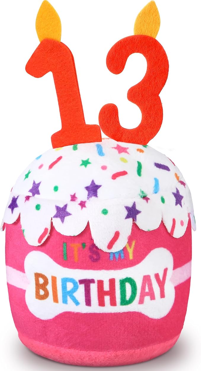 Dansydaisy Dog Birthday Cake Toy Squeaky Plush Toy for Girl Boy Gifts, Chew Accessories for Dog Birthday Party Decor Favor for Large, Medium and Small Dogs(13th,Pink)