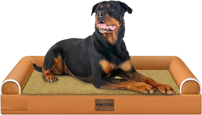 NANUYA Orthopedic Dog Bed for XX-Large Dogs, 44 x 34 Inch, Orange | Egg crate foam for joint support, 3-sided bolster pet sofa, waterproof lining, washable cover, and non-skid base