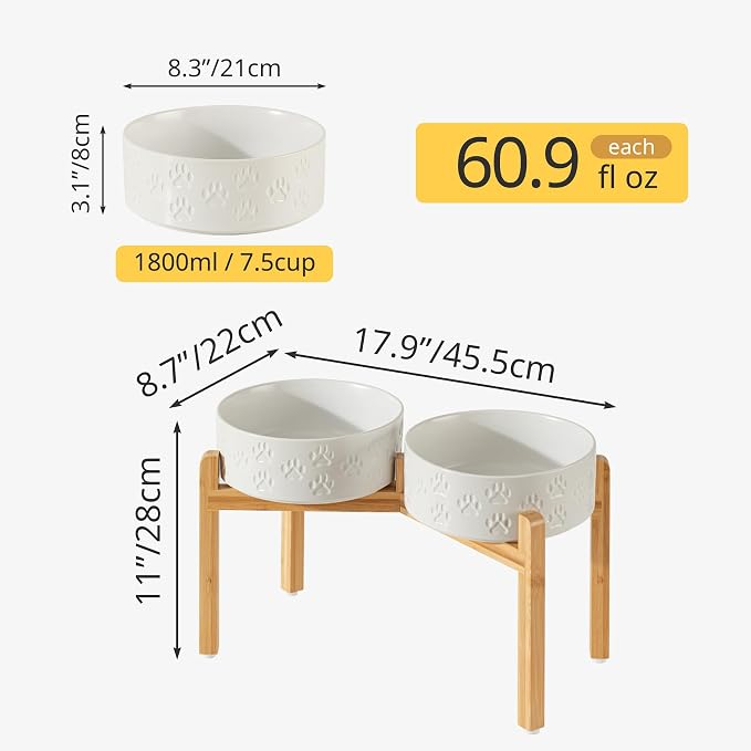 Elevated Ceramic Dog Bowl Set, Anti-Skid Bamboo Stand, White, 8.3 inch | Food and Water Bowls with Fixed Non-Slip Rubber Ring, Microwave Safe, Easy to Clean, 7.5 Cup per Bowl, for Large Breed Dogs