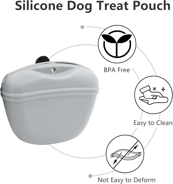 Dog Treat Pouch 2 Pack, Dog Treat Training Pouch, Silicone Pet Treat Bag BPA Free/Clip/Magnetic Dog Walk (Grey & Black & Clickers)