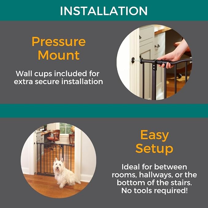 MyPet Windsor Arch Hold-Open & Auto-Close Pressure-Mount Pet Gate: Heavy-Duty Steel Gate 28.5in Tall Comes with Two 5in Extensions from 28in to 38in Wide in Matte Bronze