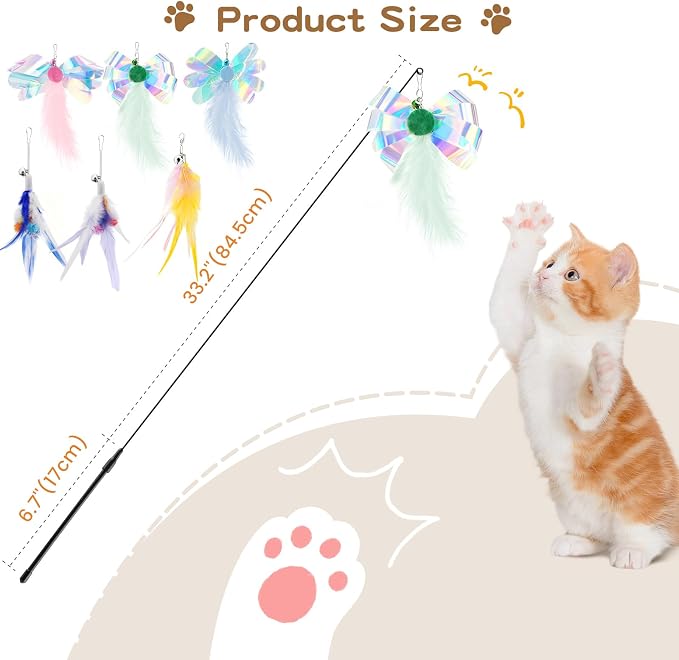 Pawaboo Feather Teaser Cat Toy, Interactive Feather Wands Cats Toy Flying Feathers Cat Catcher with Extra Long 34.5" Wand and Small Bell, Exerciser Playing Toys, 1 Wand + 6 Feathers, Colorful