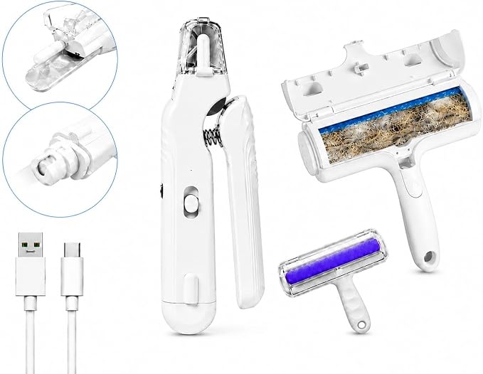 2-in-1 LED Pet Nail Clipper & Grinder with Hair Remover Included, USB Rechargeable Dog & Cat Nail Trimmer with Safety Guard, Low Noise Grooming Tool for Small Medium Large Pets, White
