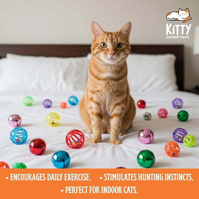 50-Pack Cat Toy Balls with Bells 1.6” Plastic Lattice Jingle Balls for Indoor Cats and Kittens Colorful Interactive Chasing and Batting Toys for Active Play