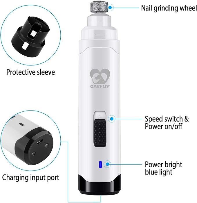 Casfuy Dog Nail Grinder Upgraded - Professional 2-Speed Whisper-Quiet Electric Pet Nail Trimmer Painless Paws Grooming & Smoothing for Small Medium Large Dogs & Cats (White)