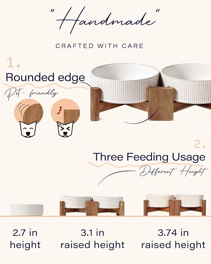Getstar Elevated Ceramic Dog Cat Bowl Set - 1.8-Cup Raised Feeding Bowls with Non-Slip Wood Stand - Small Pet Dishes for Food and Water - Ideal for Cats and Puppies