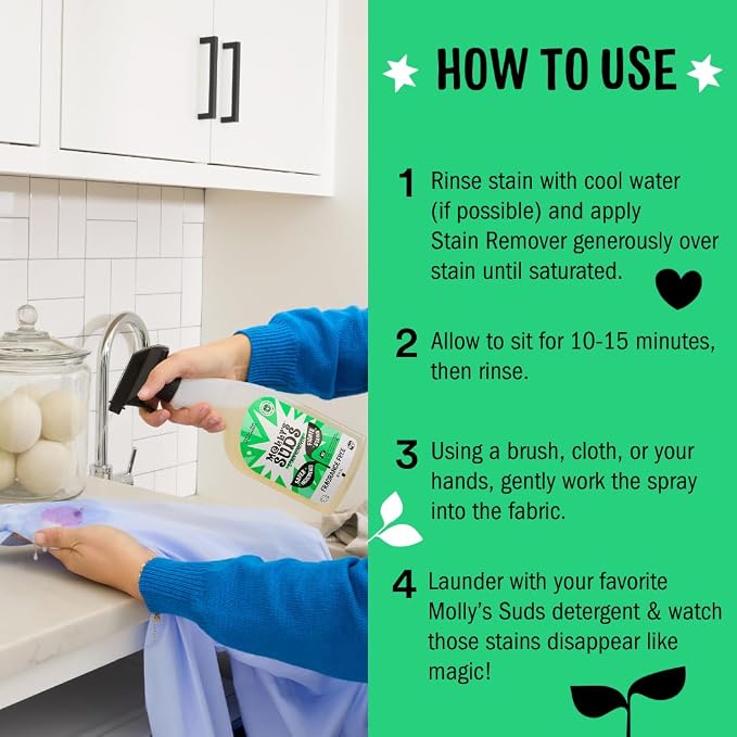 Molly's Suds Stain Remover Spray | Gentle Yet Powerful, Great for Baby & Pet Stains | Clean, Simple Ingredients (Fragrance Free) (16 Fl Oz (Pack of 2))
