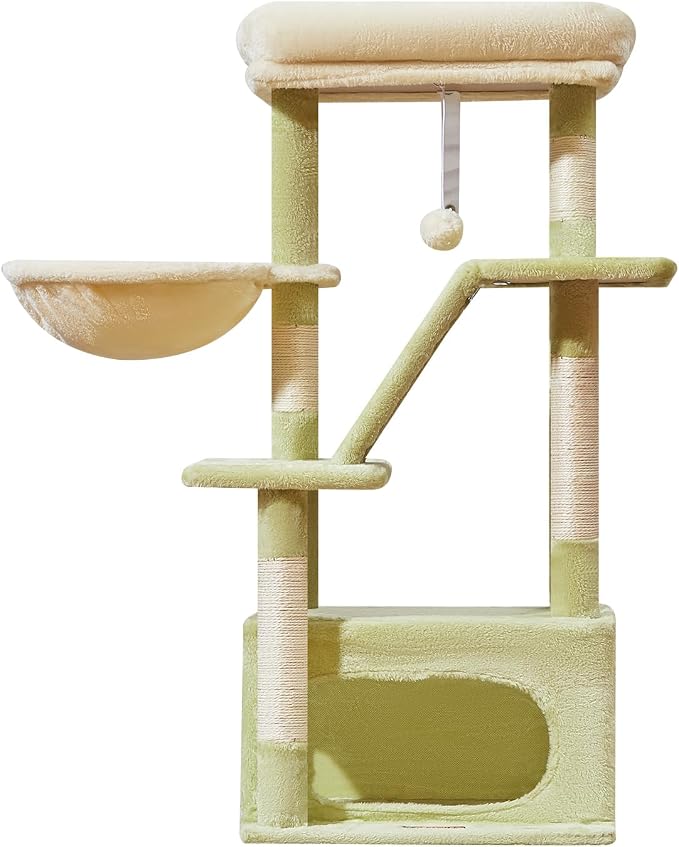 Taoqimiao Cat Tree, 38.5In Cat Tower for Indoor Cats, Suitable for Kittens | Thick Padded Top Perch, Luxurious Cat Condo, Adjustable Basket, 1-Piece Ramp Scratcher, 3 Sisal Posts, Green & Beige MS029SGB