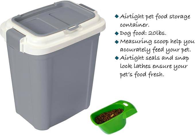 Ashfield & Harkness Airtight Pet Food Grey Storage Container, 23 Qt | Holds 20 lbs of dry food - BPA-free HDPE plastic - silicone airtight seal - scoop included - slim design