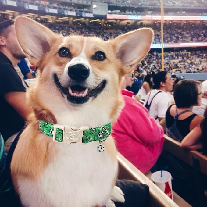 Soccer Dog Collar, Cute Boy Dog Collars for Giant Large Dogs - Green Sports Themed Cotton Male Dogs Collar, Soft Adjustable Daily Pet Collars with Quick Release Buckle XL