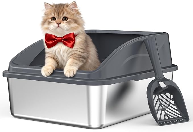 AIPERRO Stainless Steel Litter Box | Metal Kitty Litter Box with Lid High Sided for Small Cats or Injured Cats, Bunny Litter Boxes, Low Entry, Odor-Free, Non-Stick,Includes Scoop (Dark Gray, Small)