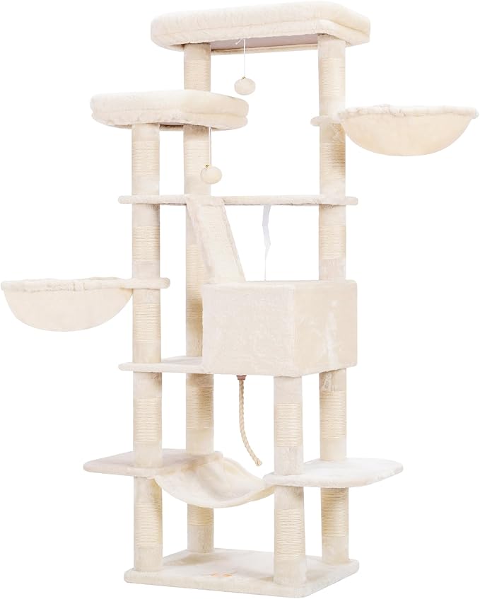 Heybly Cat Tree, 68 inch Multi-Level Cat Tower for Indoor Cats HCT025M | Cat Condo with 2 Widened Plush Perches, 2 Cozy Baskets, Scratching Board and Big Caves, Beige