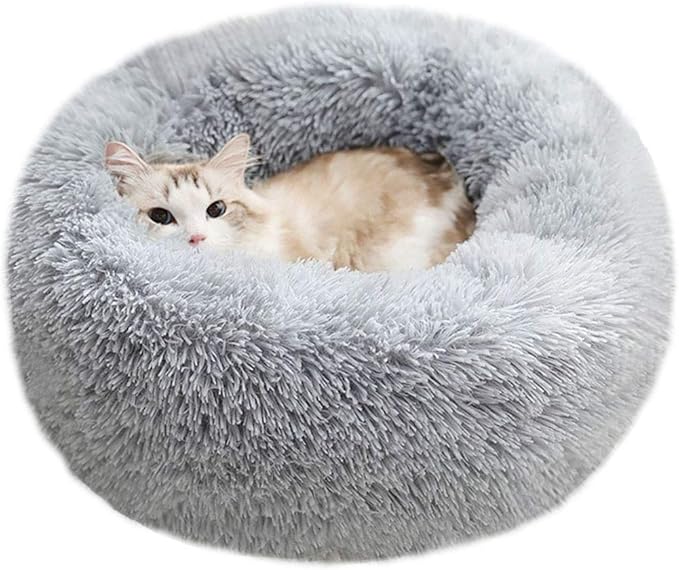 Modern Soft Plush Round Pet Bed for Cats or Small Dogs, Mini Medium Sized Dog Cat Bed Self Warming Autumn Winter Indoor Snooze Sleeping Cozy Kitty Teddy Kennel (24'' D x 8'' H, Light Grey)