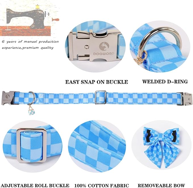DOGWONG Blue Plaid Dog Collar with Bow - Adjustable and Comfortable Autumn Dog Collar Blue Checked Necklace for Large Medium Small Pet,L