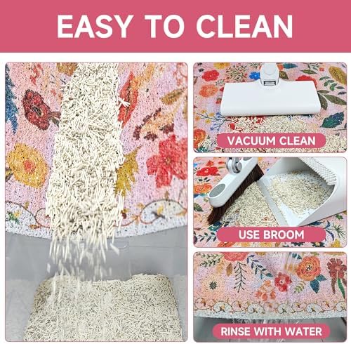 Cat Litter Mat, 24" x 16" Litter Box mat, Upgrade Non-Slip Kitty Litter mat, Traps 100% Litter, Soft on Kitty Paws, Easy Clean for Scatter Control, Bohe cat Food mat, Urine Waterproof
