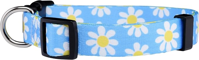 Native Pup Flower Dog Collar, Adjustable Small Medium Large, Cute Girl Female Summer Spring Pretty Designer Puppy Essentials Accessories, Pink Floral Blue Daisy Rose (Medium, Blue Daisy)