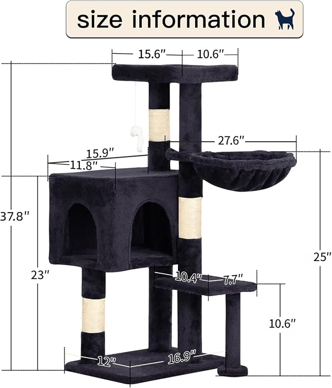 BestPet | 37" Cat Tree Tower | Dark Gray | Sturdy Multi-Level Cat Tree | with Plush Condo, Cozy Perch, Sisal Scratching Posts, Hanging Toy and Hammock | Easy Assembly | for Kittens & Adult Cats