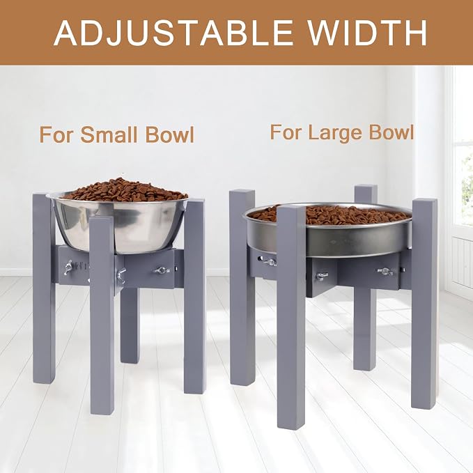 Elevated Dog Bowl Stand Adjustable Dog Food Holder 10”H Medium Grey | 10” Elevated Dog Bowl Stand, Medium Dogs, Adjustable, Fits 7”-10” Bowls, Single Bowl Holder, Natural Bamboo, Classic Grey