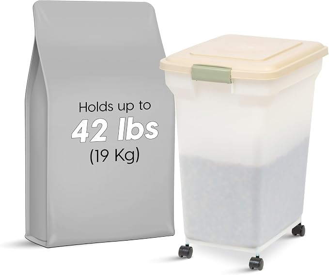 IRIS USA Dog Food Storage Container, Up to 40 lbs, Almond, Made in USA | Wheels for Mobility, Airtight Seal, BPA-Free, Best for Bird Seed, Cat food, Cat Litter, Chicken Feed, Pellets