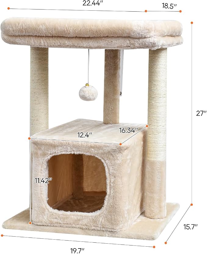 SYANDLVY 27" Cat Tree for Indoor Cats, Activity Tower with Scratching Posts, Modern Kitten Condo with Plush Perch & Hanging Ball for Play, Beige