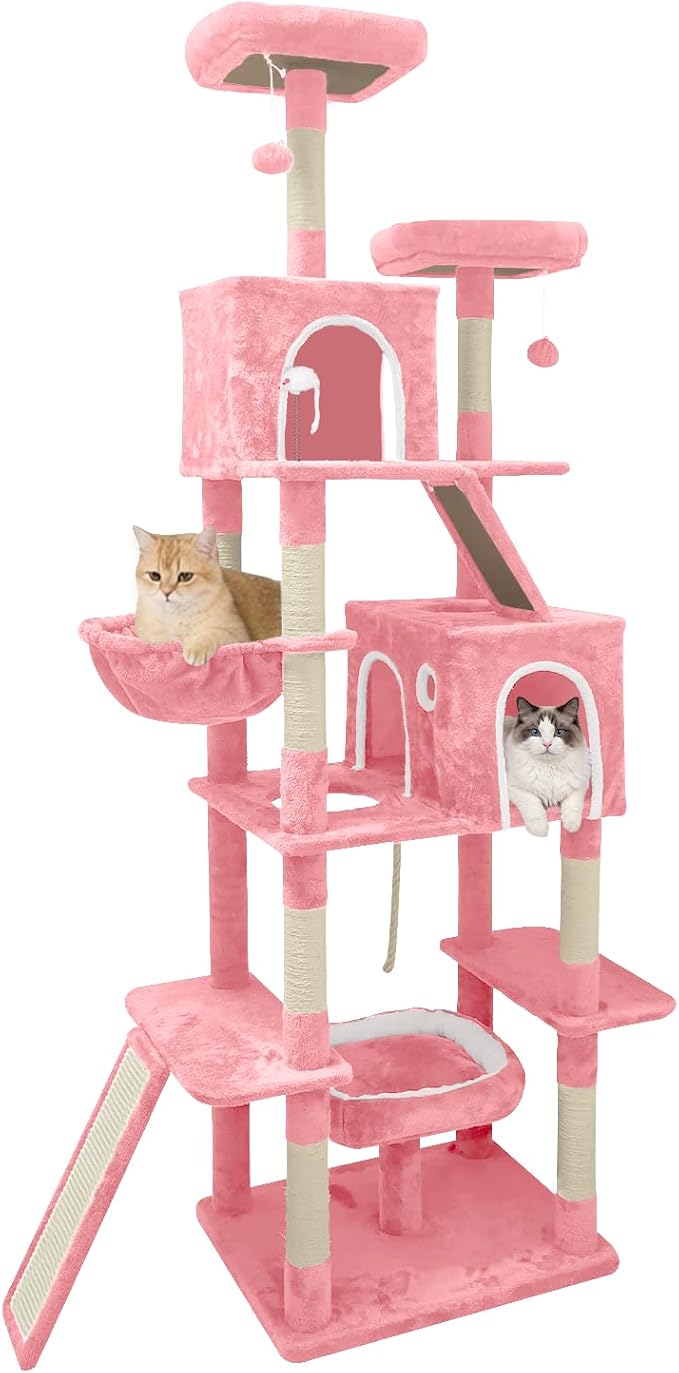 Multi-Level Cat Tree with 2 Cozy Condos, 89" Tall Cat Tower for Large Cats, Heavy Duty, Scratch Posts & Perches (Pink)