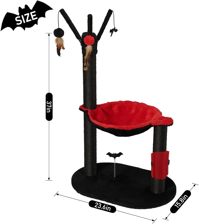 MECOOL Cat Tree Tower 37" Tall Scratching Post with Large Hammcok for Indoor Cats,Self-Massage Bursh Hanging Ball Toys,Black