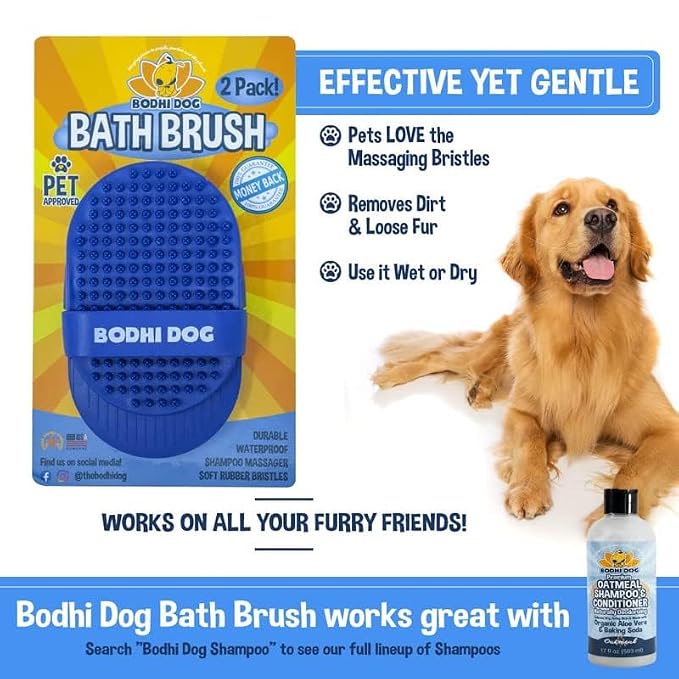 Bodhi Dog Shampoo Brush - Pet Grooming & Bath Supplies for Dogs and Cats - Bath Brush for Long & Short Hair - Premium Scrubber for Shower, Showerhead, Sprayer & Bathing (Two Pack, Blue)