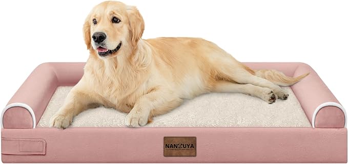NANUYA Orthopedic Dog Bed for Large Dogs, 36 x 27 Inch, Pink | Egg crate foam for joint support, 3-sided bolster pet sofa, waterproof lining, washable cover, and non-skid base