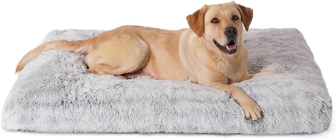 Bedfolks Plush Dog Crate Pad, Washable Faux Fur Kennel Bed for XXL Dogs, Waterproof, 47"x29", Grey