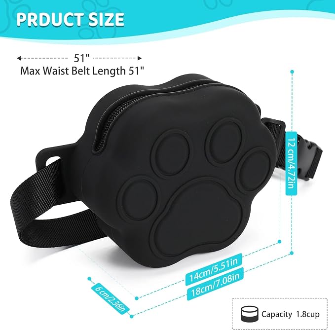 Dog Treat Pouch with Training Clicker and 2 Poop Bags, 1.8 Cup Small Sealable Zipper Silicone Fanny Pack with Waist Belt, Pet Puppy Training & Walking Essentials (Black)