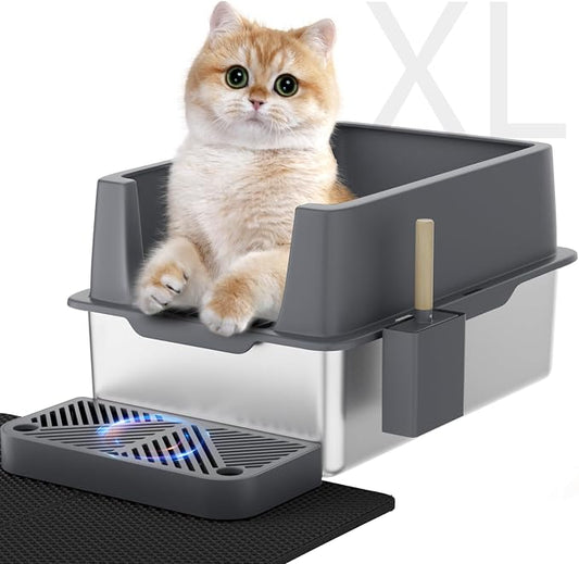 Stainless Steel Litter Box with Lid, XL Metal Cat Litter Box with Removable High Sided Enclosed, Foot Pedal & Scoop & Litter Mat for Big Cats, Anti-Urine Leakage, Non-Stick Bottom, Easy Cleaning