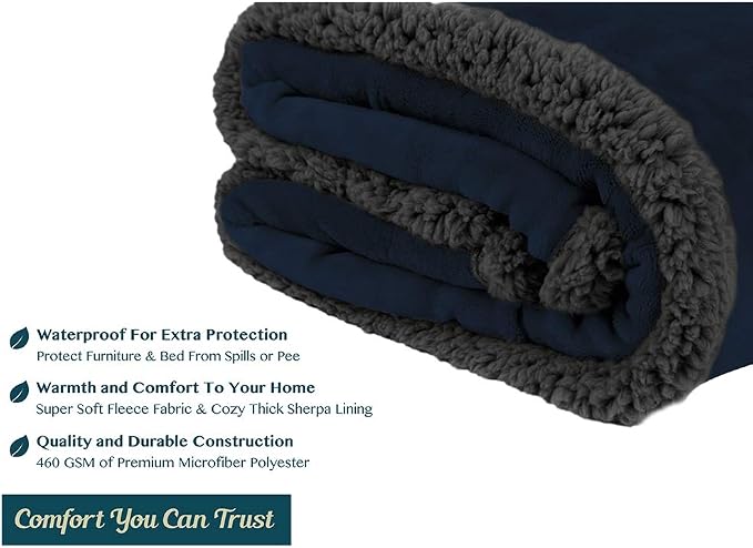PAVILIA Waterproof Blanket for Couch, Sofa | Pet Protector for Large Dog, Puppy, Cat | Plush Soft Warm Fuzzy Sherpa Throw, Navy, 60x80