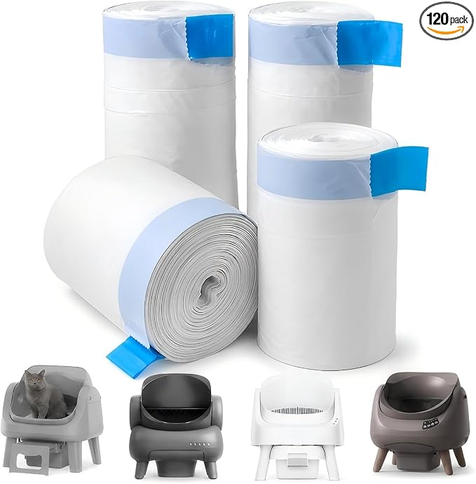 120 Count Automatic Cat Litter Box Liners with Drawstring, Heavy Duty Waste Drawer Bags Compatible with Neakasa M1, CATLINK Open-X & PetPivot AutoScooper 11/12, 27" x 13"