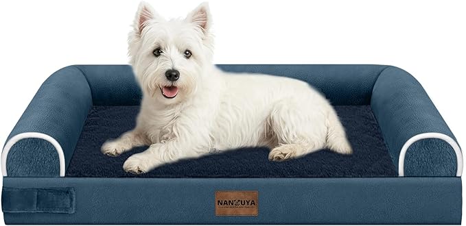 NANUYA Orthopedic Dog Bed for Medium Dogs, 28 x 19 Inch, Navy Blue | Egg crate foam for joint support, 3-sided bolster pet sofa, waterproof lining, washable cover, and non-skid base
