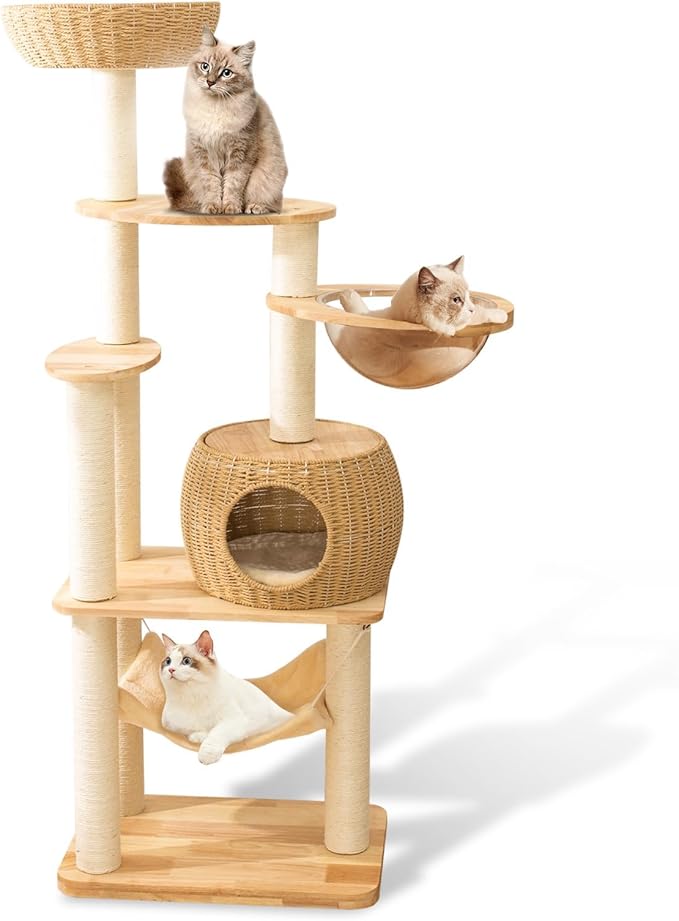 59-Inch Modern Cat Tree Tower for Large Indoor Cats, Handwoven Basket Condo | Stable multi-level structure, reinforced base, 8 cm sisal posts, clear space capsule, hammock, washable cooling & plush mats