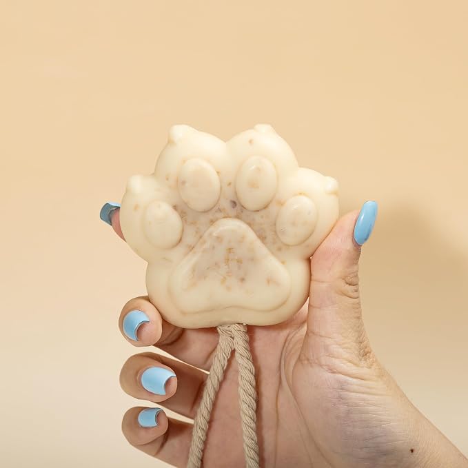 Natural Pet Shampoo Bar - Gentle Care Oatmeal for Sensitive Skin, 3.88 oz Paw Print Soap with Rope - Pet Wash Bar - Hypoallergenic, Dye-Free, Fragrance-Free, Chemical-Free, & Eco-Conscious