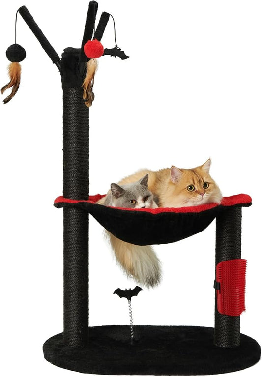 MECOOL Cat Tree Tower 37" Tall Scratching Post with Large Hammcok for Indoor Cats,Self-Massage Bursh Hanging Ball Toys,Black