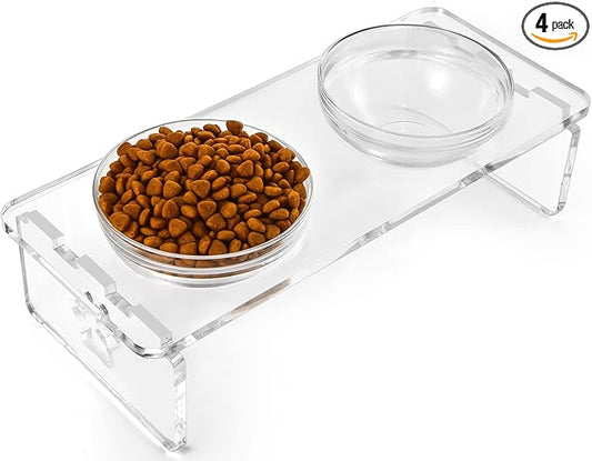 Elevated Dog & Cat Bowls – 3.75” Acrylic Raised Pet Feeder Stand with 2 Stainless Steel & 2 Glass Bowls – Food & Water Dish Set for Puppy/Small Dogs & Cats