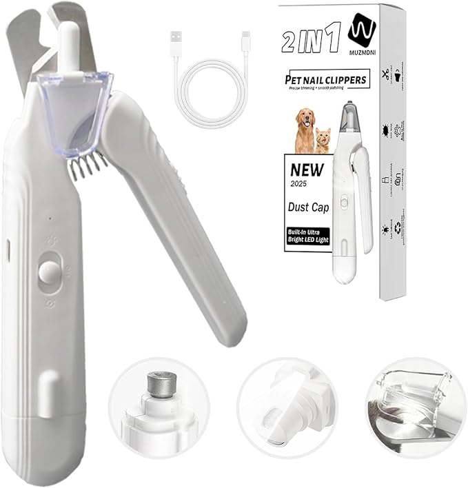 2-in-1 Dog Nail Grinder & Dog Nail Clippers Trimmers for Large Medium Small Dogs Cats Pets Claw Trimmer with LED Lights (White)