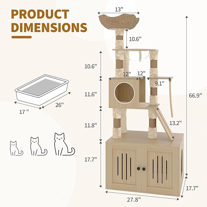 Garvee Tall Cat Tree with Litter Box Enclosure, 66.9-Inch Cats Condo, Multi-Level Perch & Scratching Posts for Cat