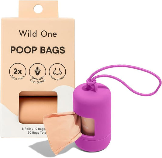Wild One Dog Poop Bag Holder and Dispenser with Leash Attachment, Leak Proof, Easy Twist Top for Refills, Includes 1 Box Of Bags, Orchid