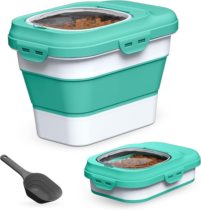 TIOVERY Dog Food Storage Container, 10lb to 13lb Collapsible Dog Cat Food Containers with Airtight Clear Flip-top and Pet Food Scoop, Pet Food Storage Container Bin for Dog Cat Bird Other Pets (Green)